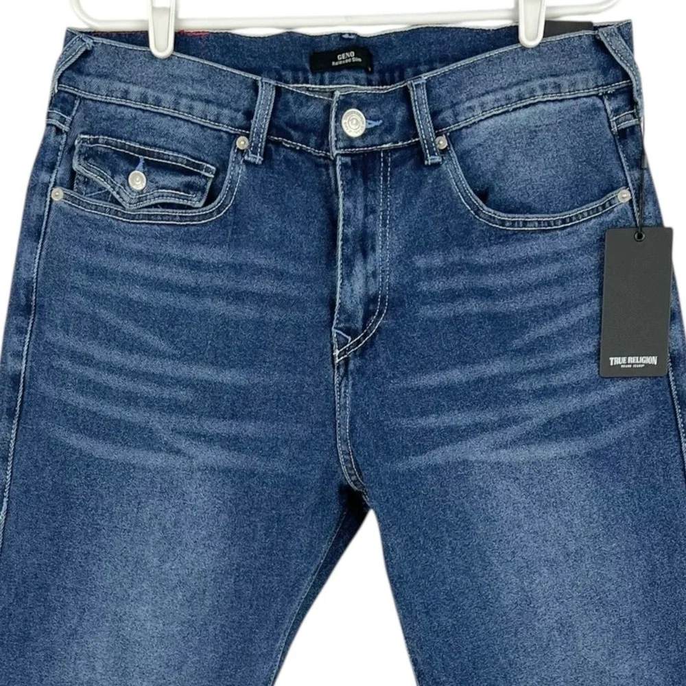 True Religion Men's Stretch Jeans Sz 33x32 Geno Relaxed Flap Pockets Blue NWT